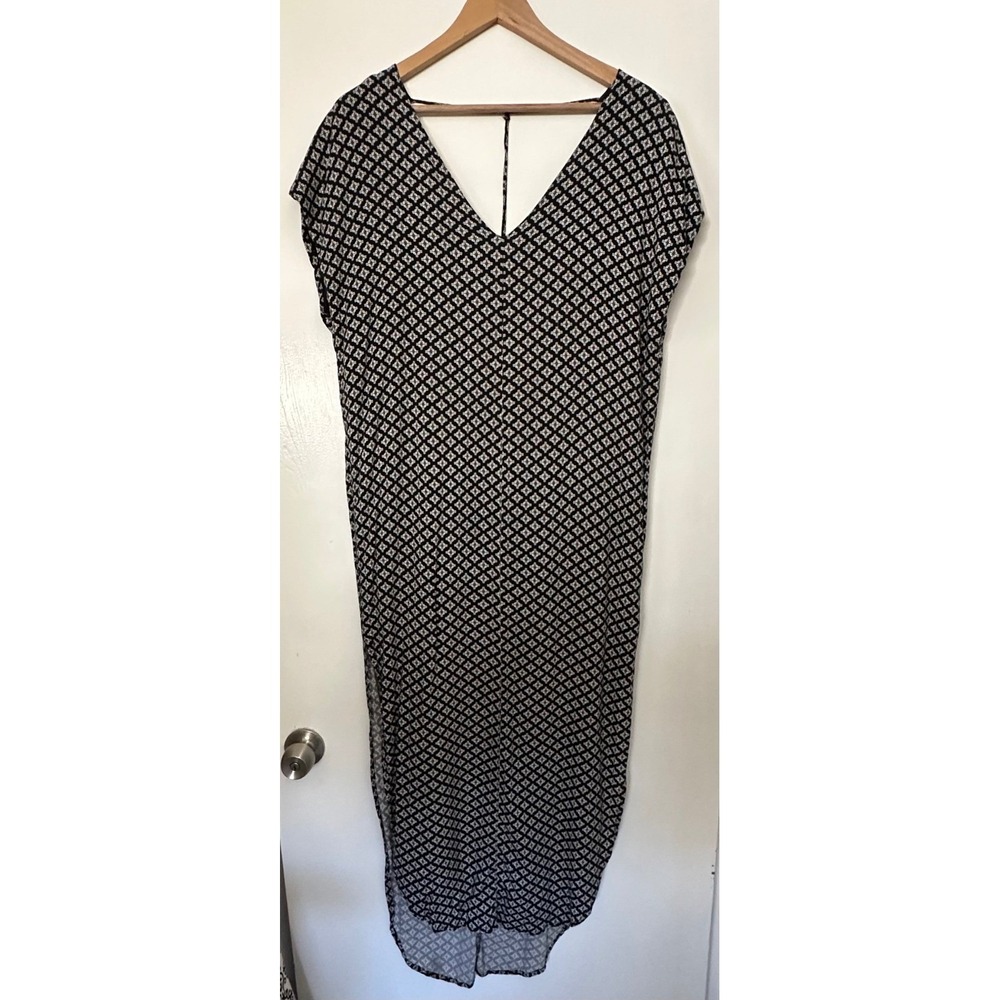 Free People Black White Geometric Print V-Neck Maxi Dress USA Slits XS Rare